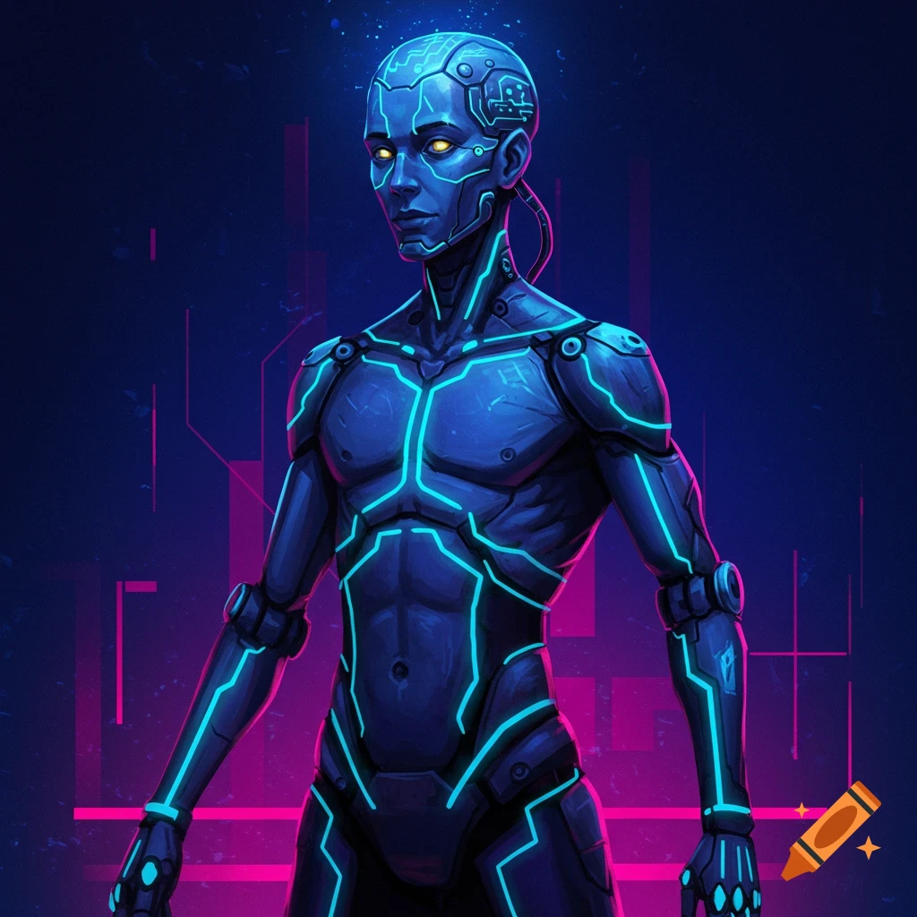 A futuristic cybernetic character in a T-pose with glowing blue circuits against a dark background.