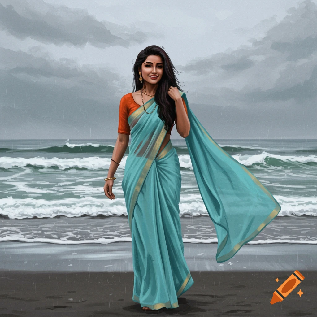 Woman in a blue and orange saree on a rainy beach