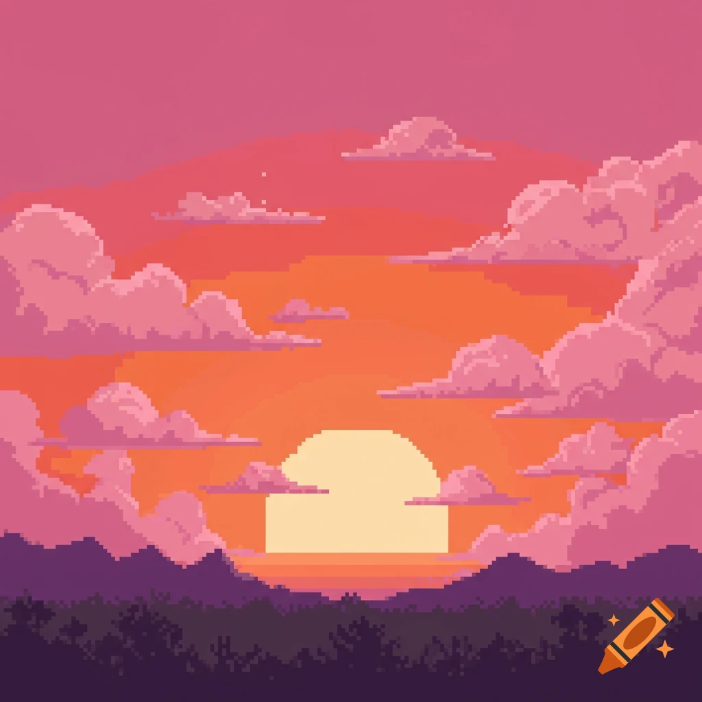 Pixel art sunset over mountains with clouds.