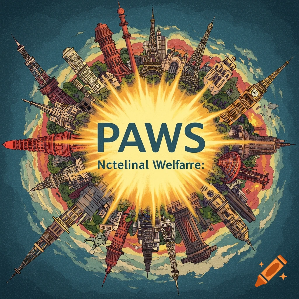 An illustration of famous world landmarks arranged in a circle around a sunburst, with the text PAWS and Nctelinal Welfarre in the center.