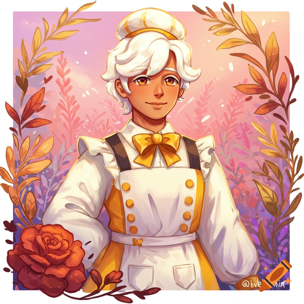 A young person in a white baker's hat and apron, surrounded by golden leaves and a red rose.