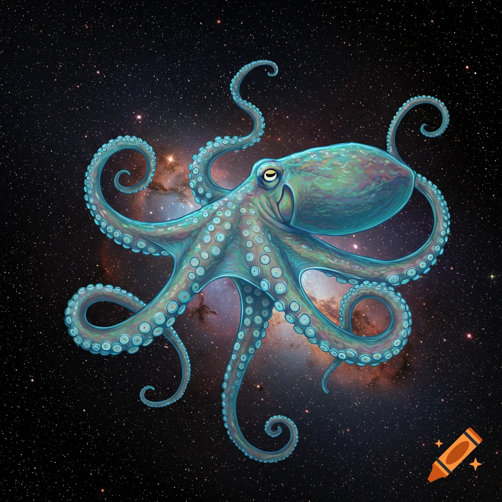 A blue-green octopus with glowing spots against a starry space background with a nebula.