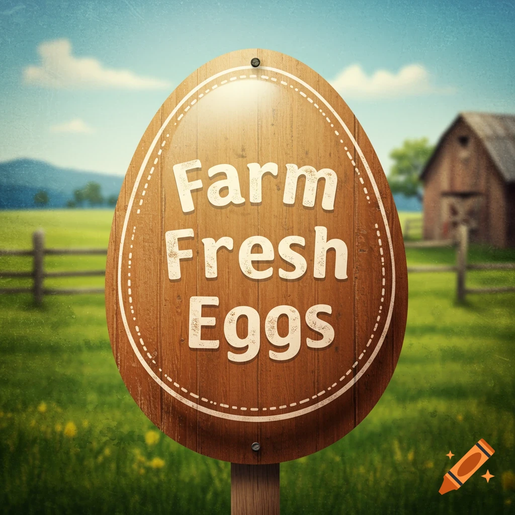 Egg-shaped wooden sign reading 'Farm Fresh Eggs' in a farm field with a barn.
