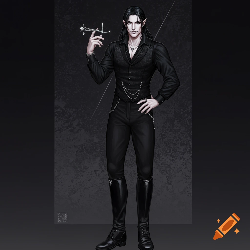 A male elf in black attire holding a decorative object.