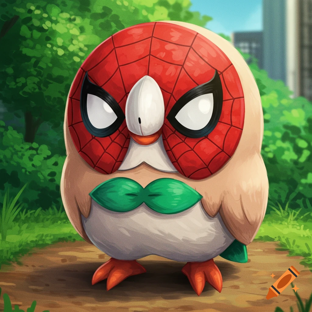 A cartoon Rowlet Pokemon character wears a Spider-Man mask and outfit.