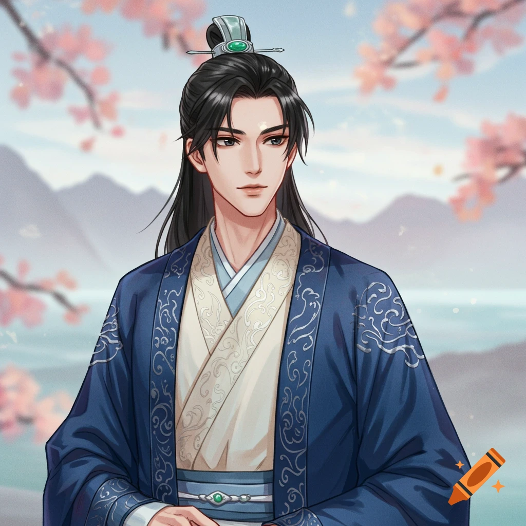 Anime portrait of a man in blue traditional Chinese Hanfu with cherry blossoms in the background.