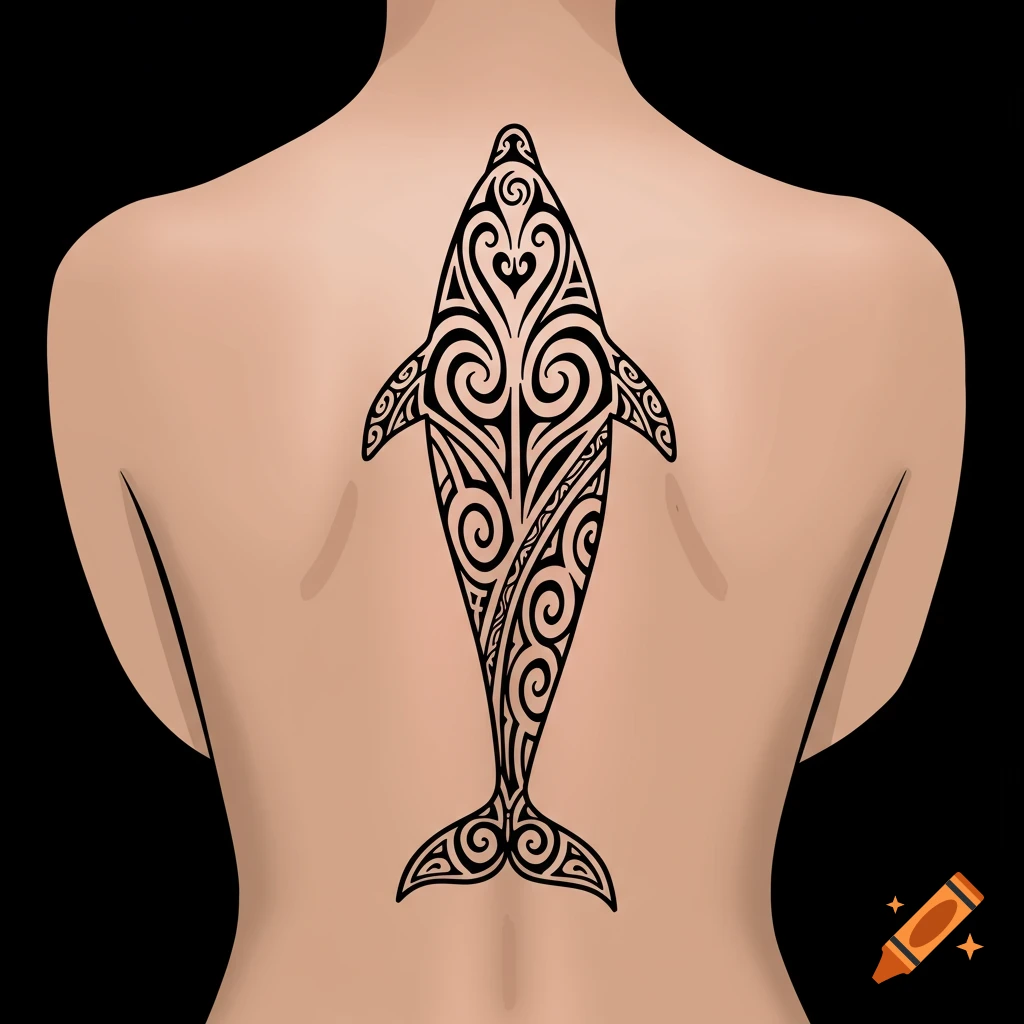 A Polynesian tribal tattoo of a dolphin on a person's upper back.