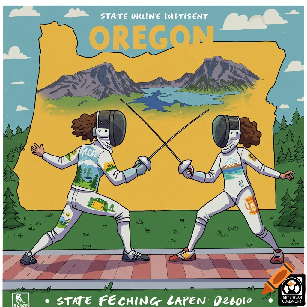 Cartoon illustration of two fencers in front of a map of Oregon.