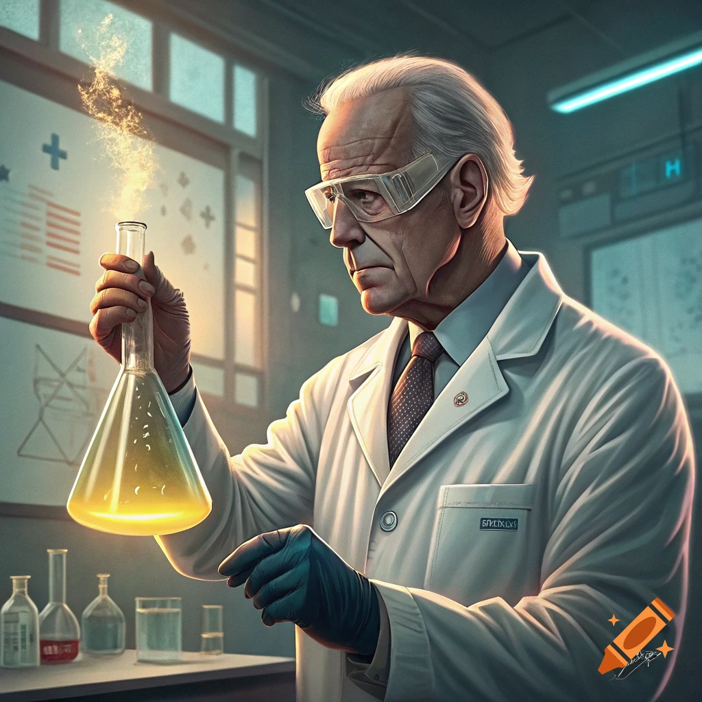 Joe Biden portrayed as a scientist in a lab coat and goggles, examining a glowing flask in a laboratory, photorealistic style.