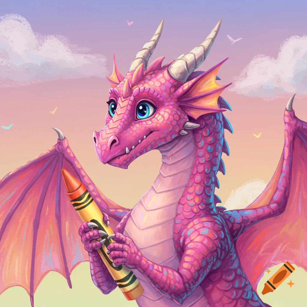 A pink cartoon dragon with big blue eyes holds a large yellow crayon in its claws against a sunset sky.