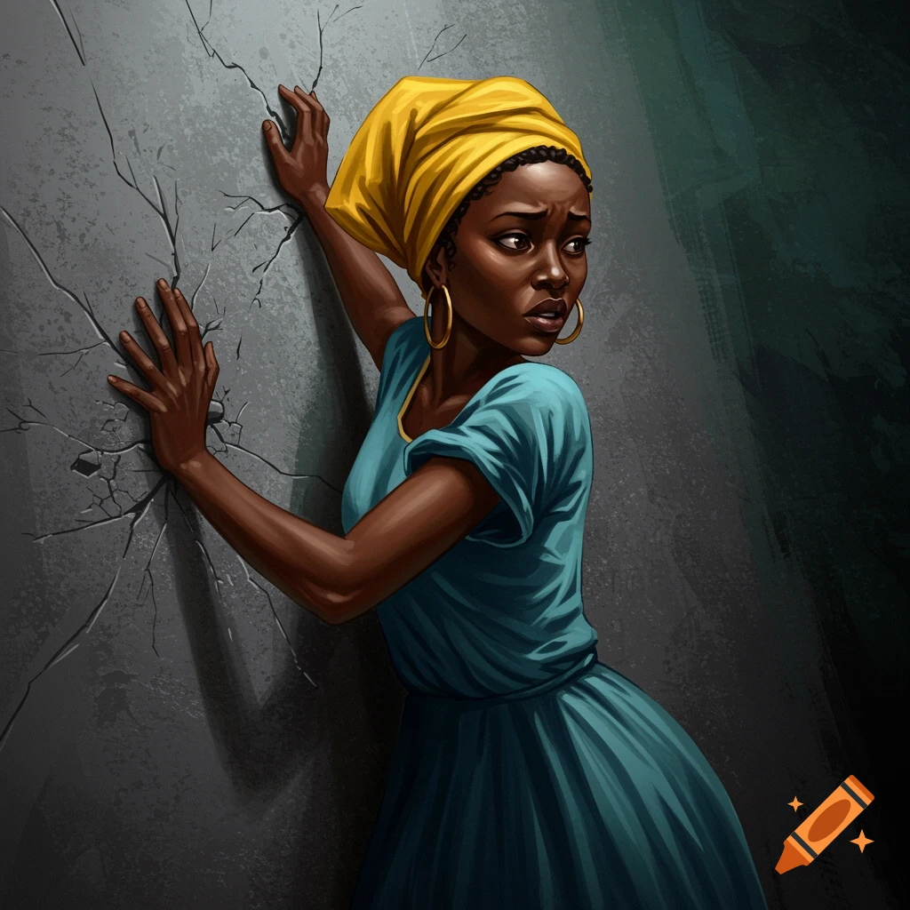A woman in a yellow headscarf and blue dress is trapped in a cracked grey wall, looking distressed.