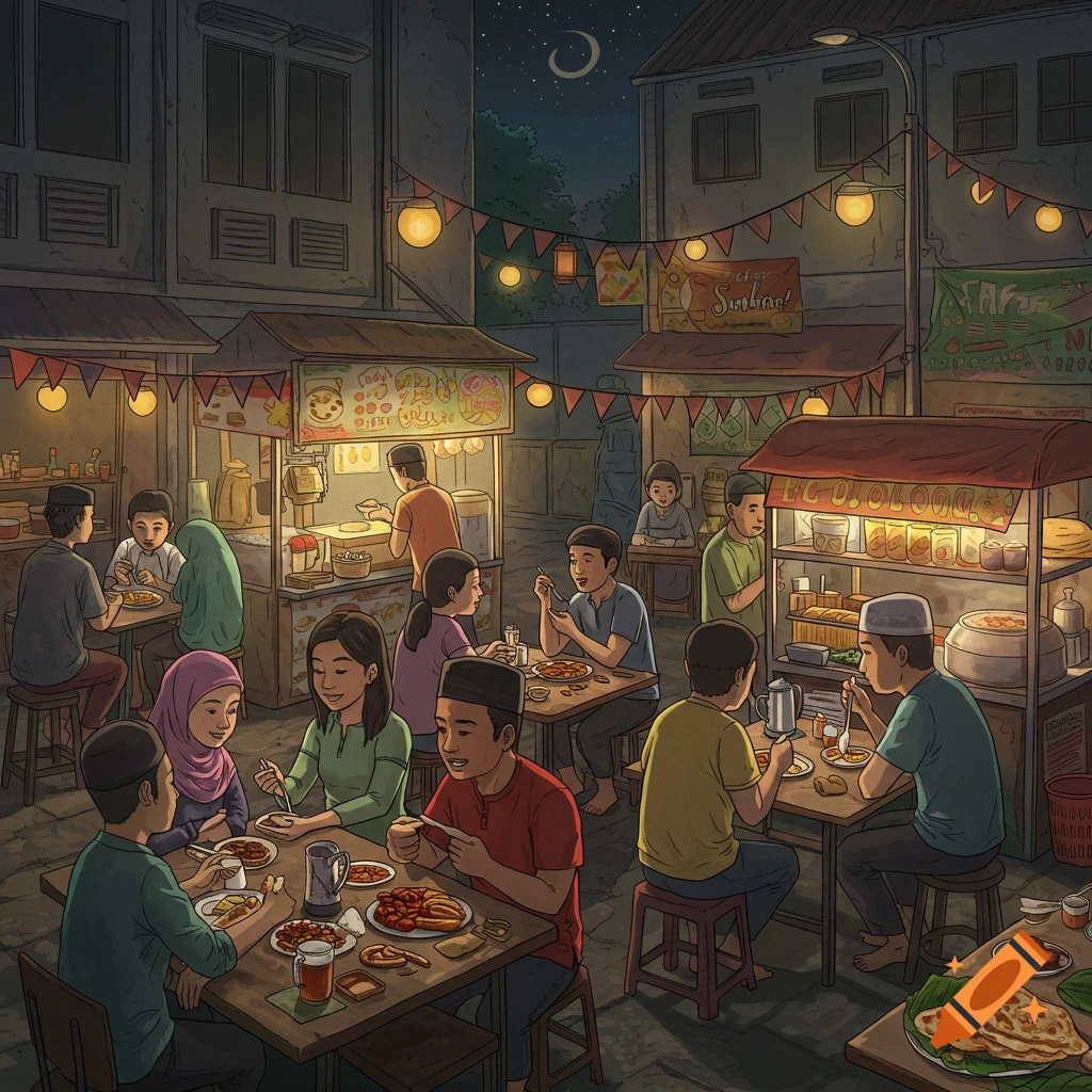 People eating at food stalls in a night market under lanterns and a crescent moon.