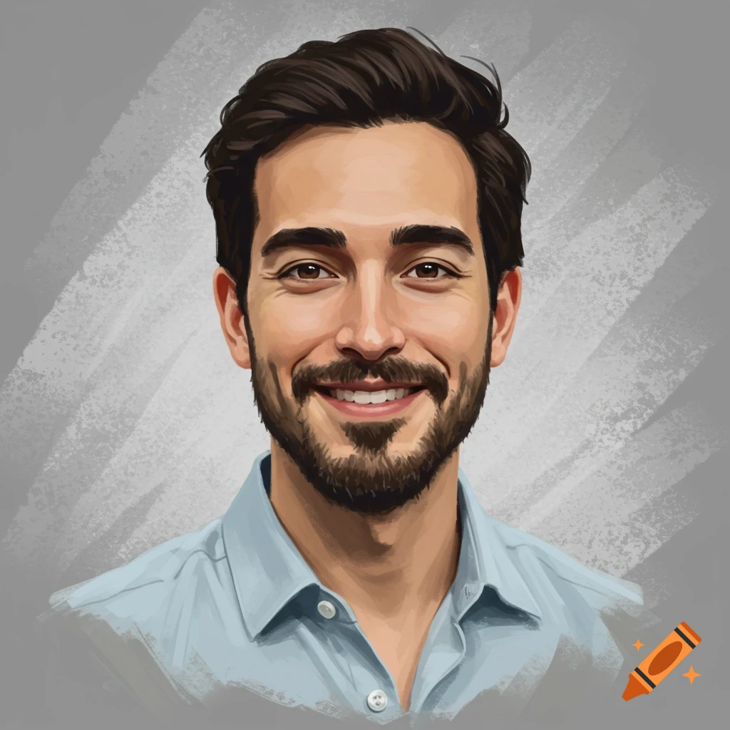 A smiling man with a beard wears a blue shirt.