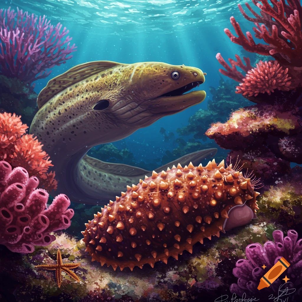 An image of a moray eel and sea cucumber in a coral reef.