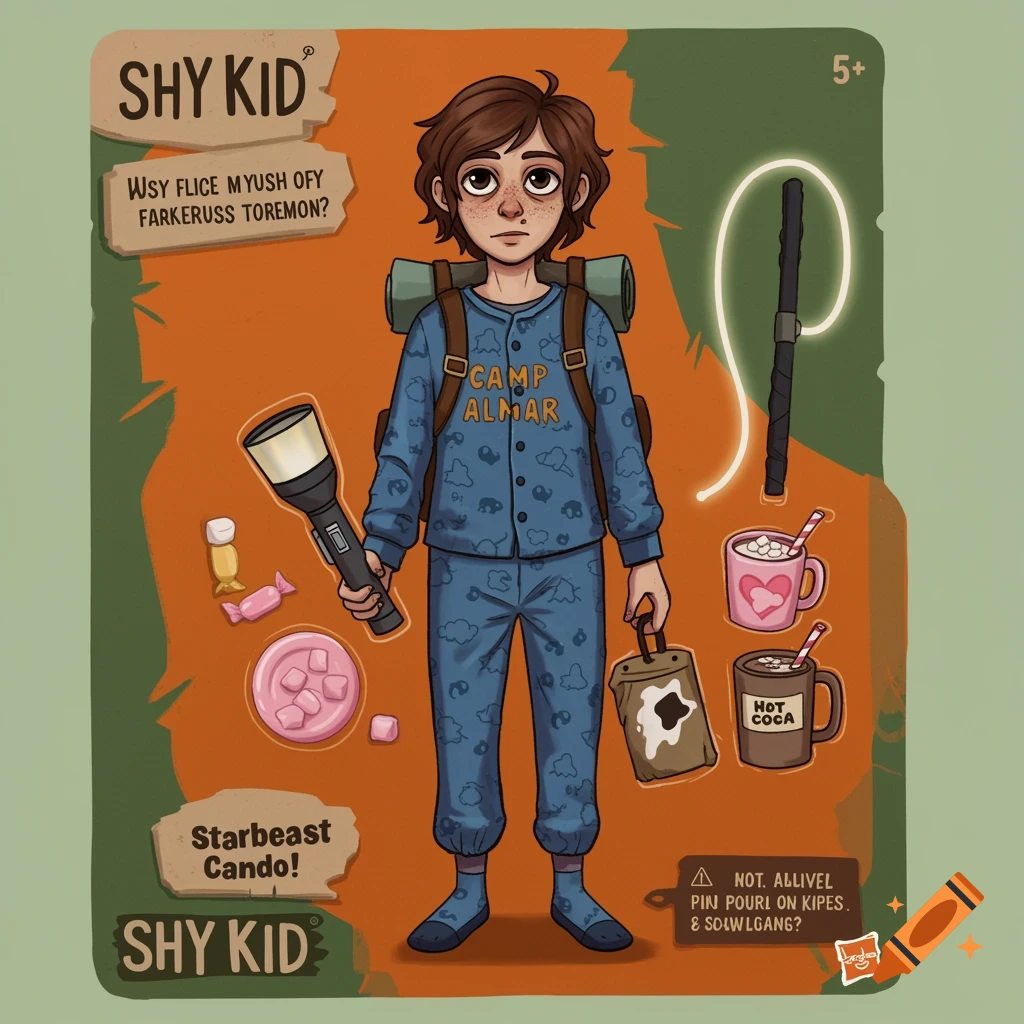 Cartoon action figure packaging for Shy Kid featuring a boy in pajamas with camping gear.