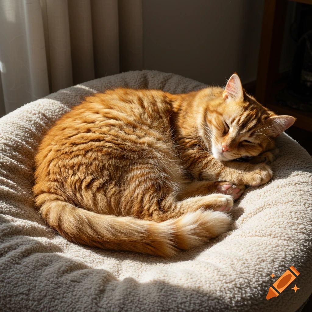 An orange tabby cat curled up sleeping in a fluffy bed in a sunbeam.