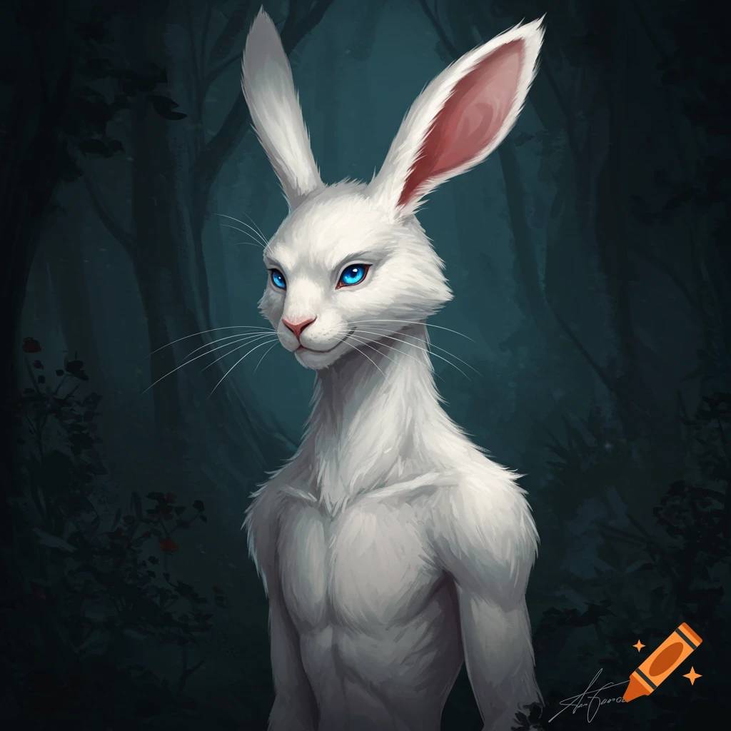 A white anthropomorphic rabbit with blue eyes and muscular torso in a dark forest.