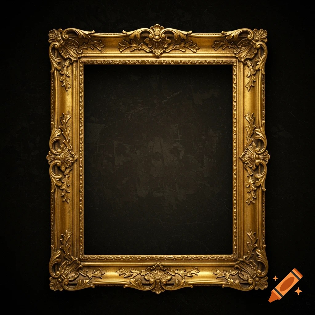 An ornate golden picture frame against a dark background.