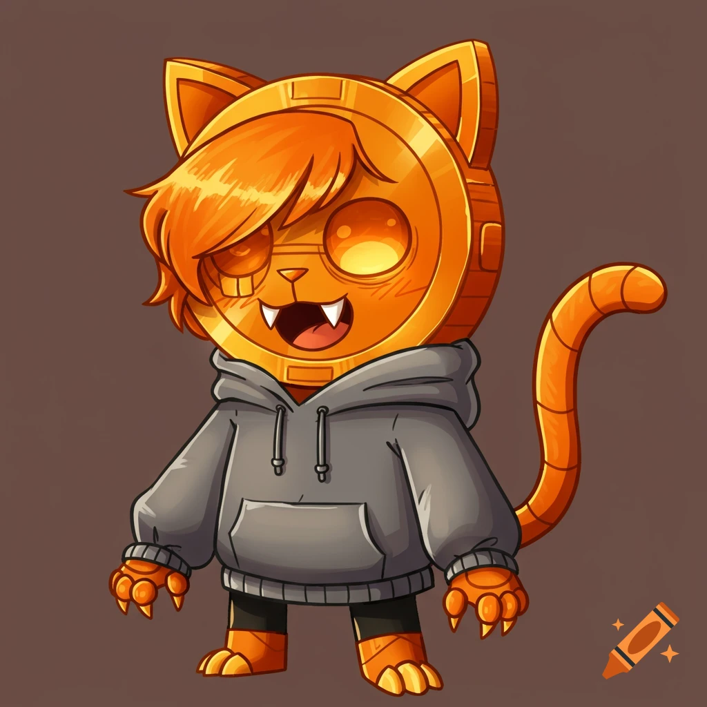 An orange coin-like cartoon character with cat ears, tail, paws, and sharp teeth, wearing a gray hoodie.