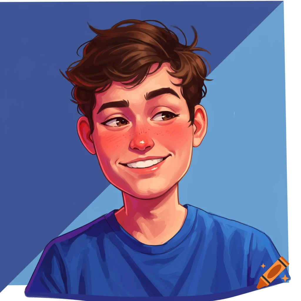 A young person smiling in a blue shirt against a blue background