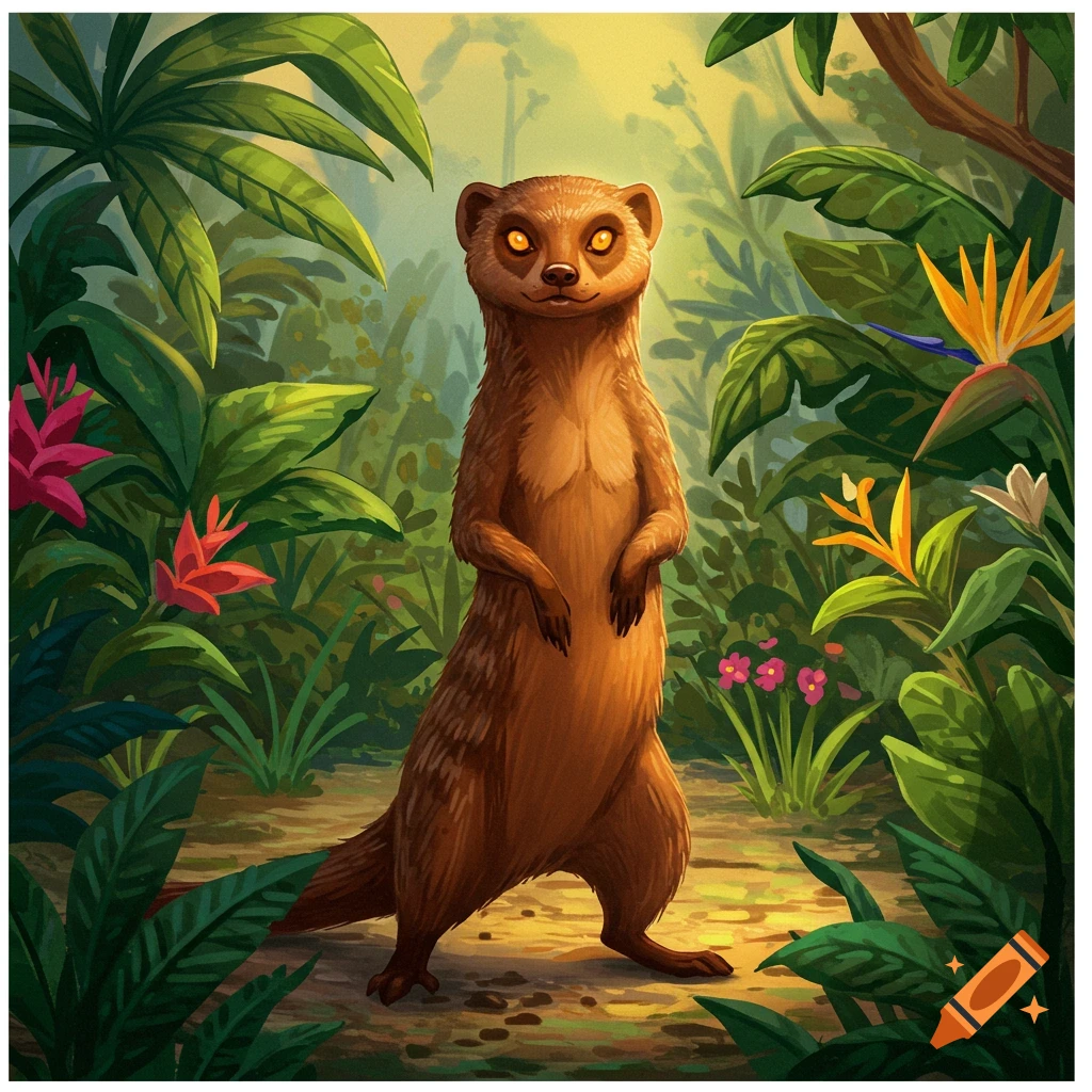 A meerkat-like animal with glowing eyes stands in a lush jungle.