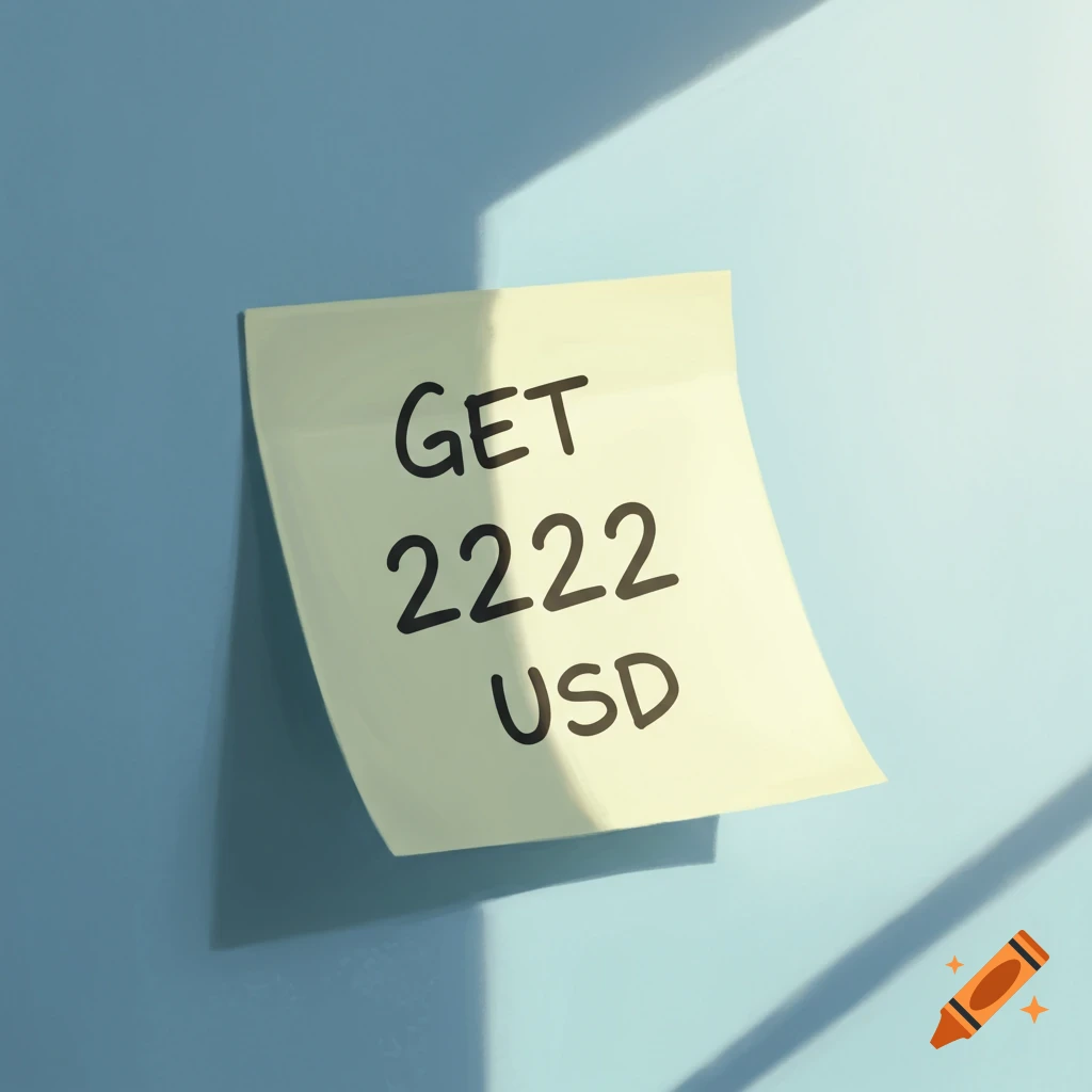 A sticky note on a blue wall with the text GET 2222 USD.