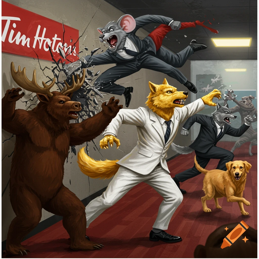 Anthropomorphic moose and golden wolf fighting mouse and other wolves in suits in a hallway near a sign.