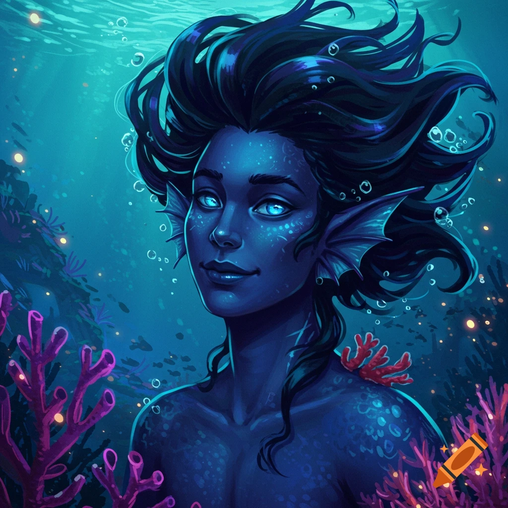 A dark blue skinned fantasy creature with glowing eyes underwater among coral.