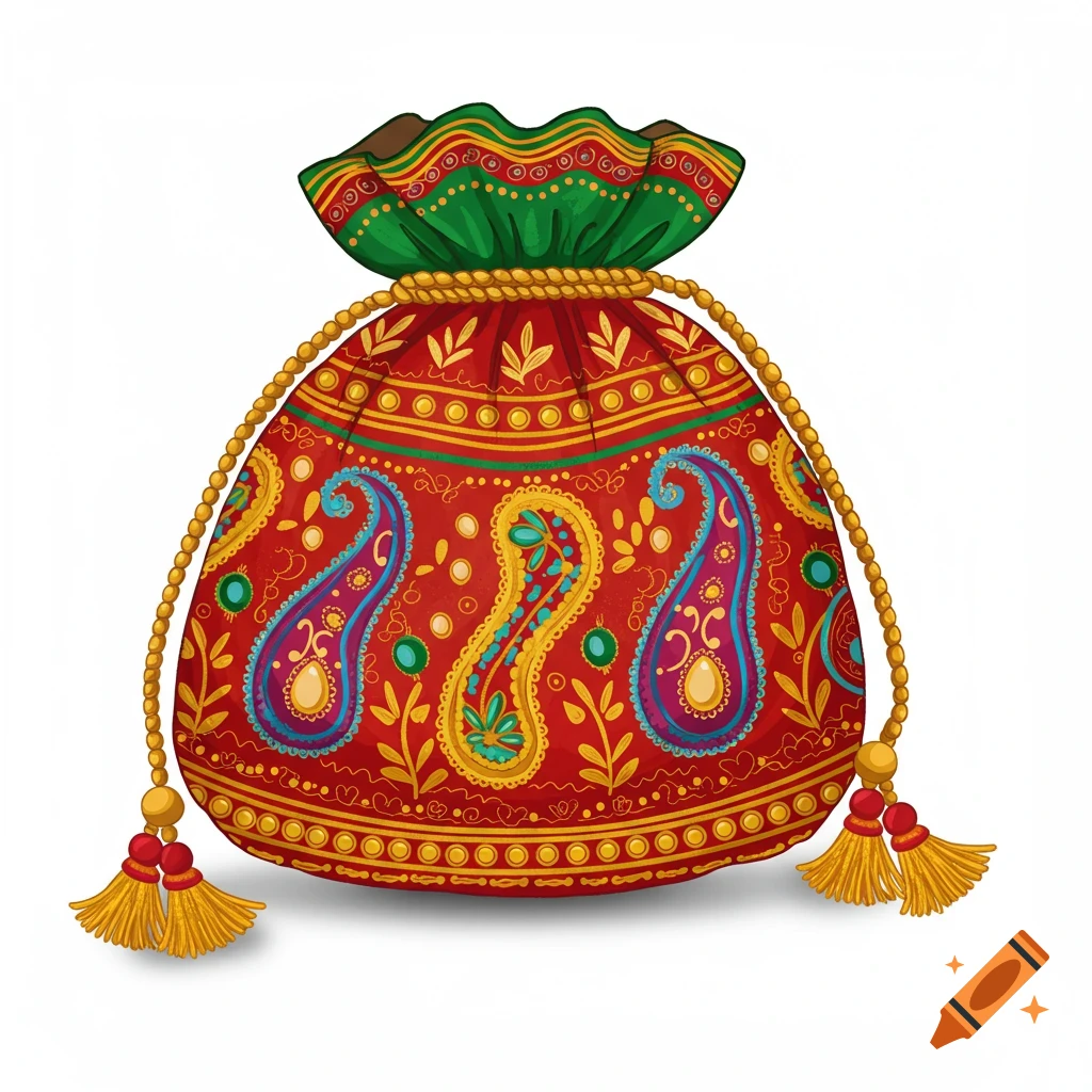 Colourful illustration of an Indian potli bag with traditional designs.