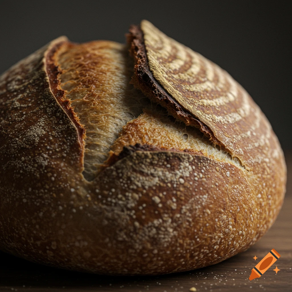 A photorealistic close-up of a round loaf of bread with a dark background.
