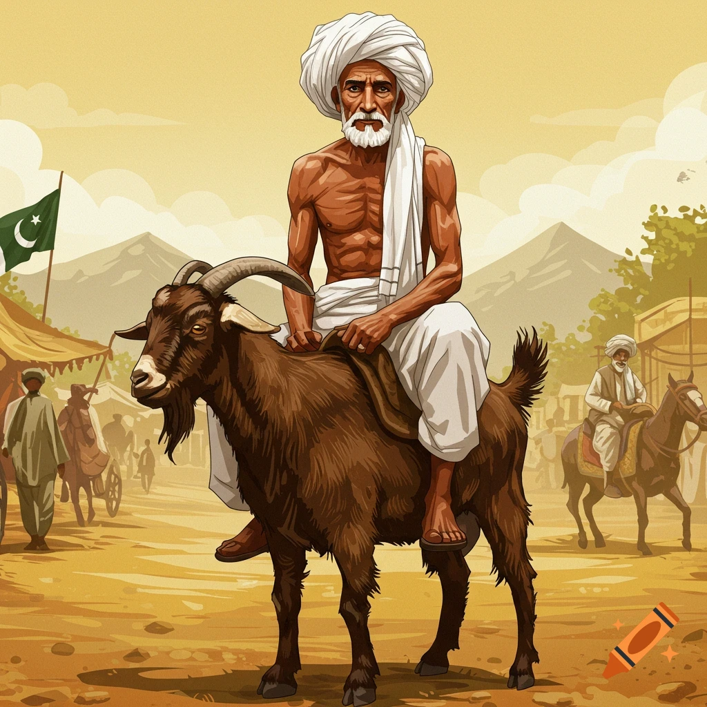Older man riding a goat in a rural market.