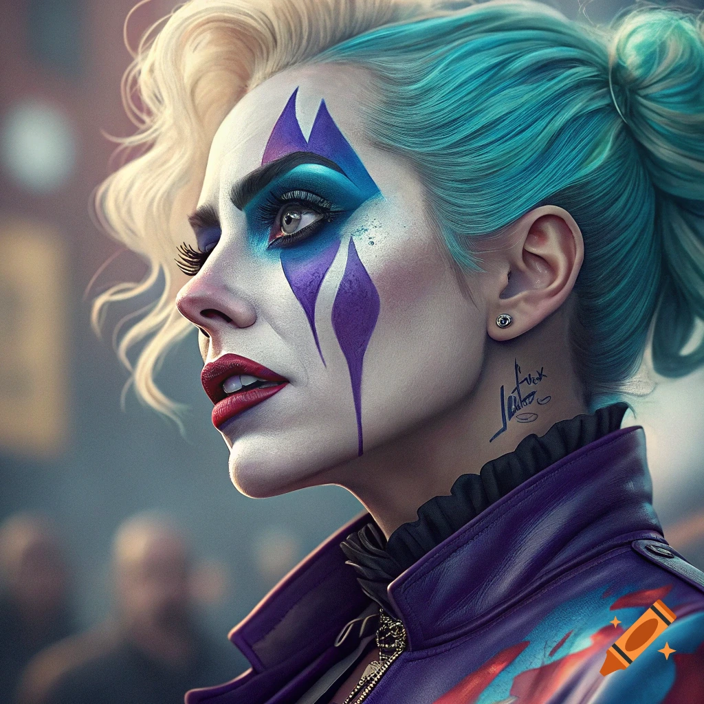 Close-up portrait of a woman with blonde/blue hair and purple diamond clown makeup wearing a purple jacket.