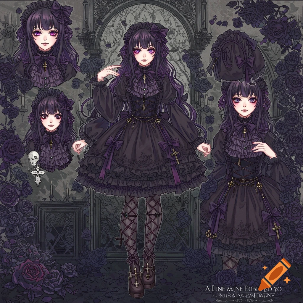 Anime character layout: girl in gothic lolita dress with purple hair and eyes, surrounded by dark roses.