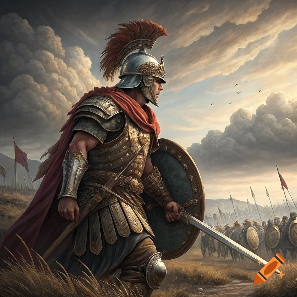 Roman-style warrior in detailed armor leads soldiers into battle under a dramatic cloudy sky