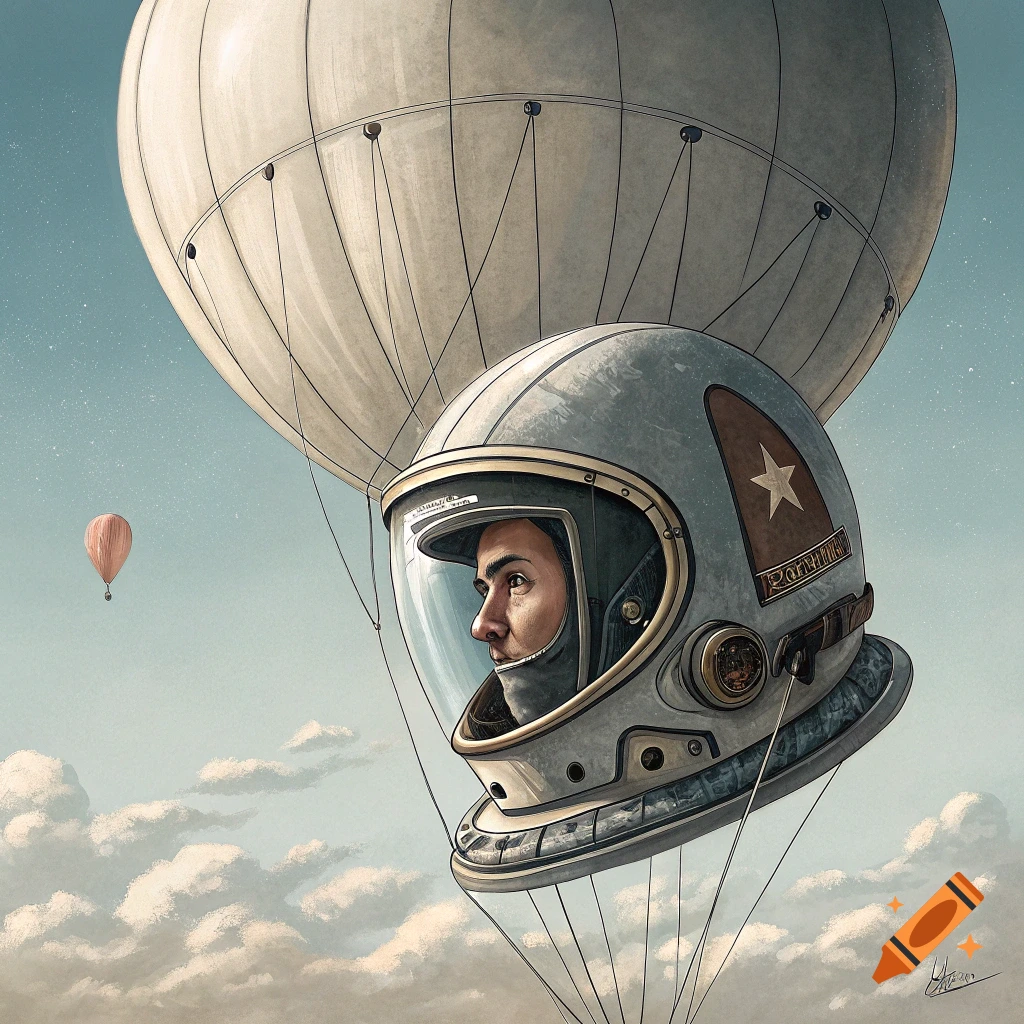 Illustration of a person in a vintage helmet ascending via a large hot air balloon.