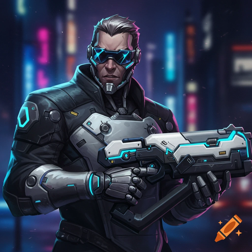 A futuristic soldier in armor with a weapon, standing in a blurry cyberpunk city street.