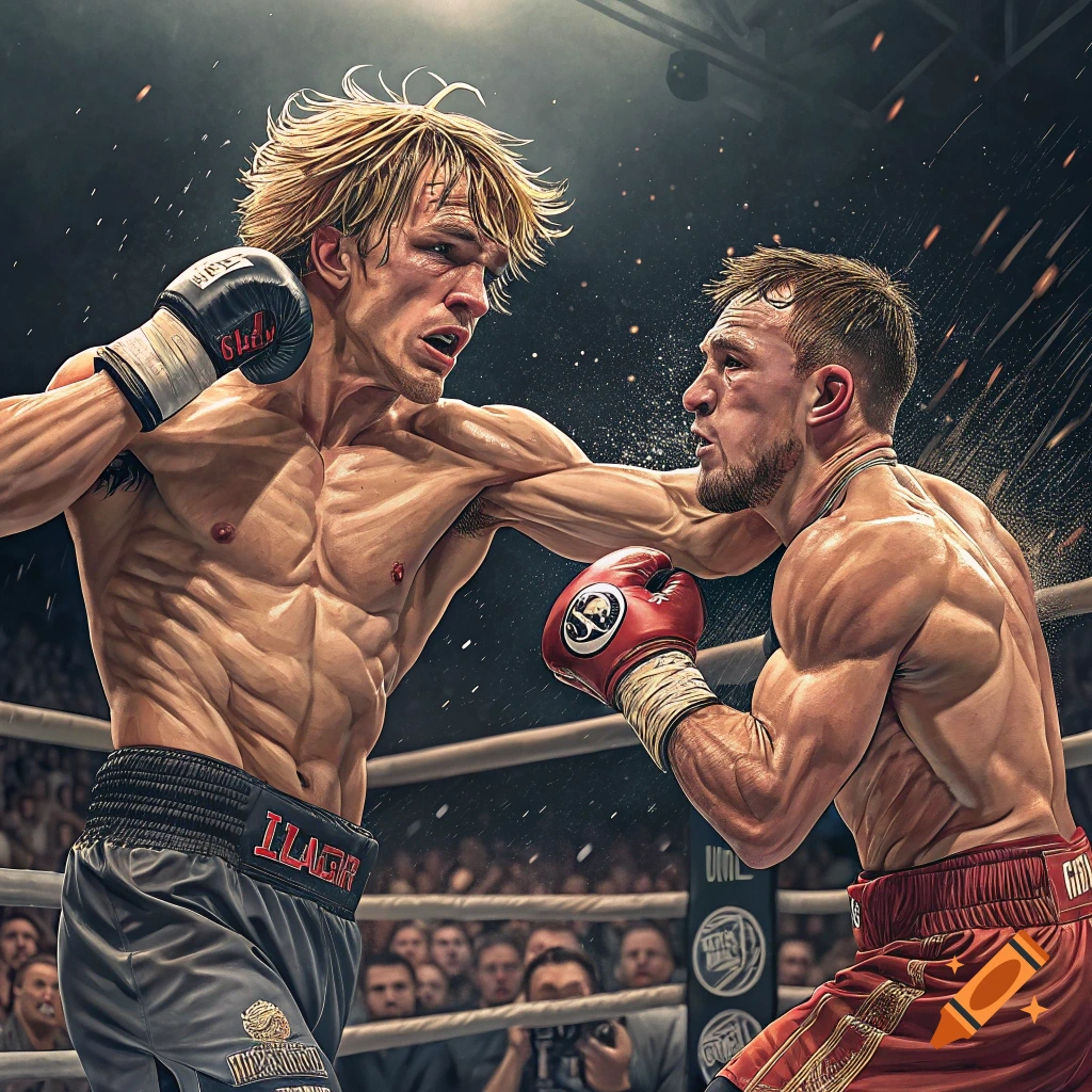 Two boxers trading punches in a ring.