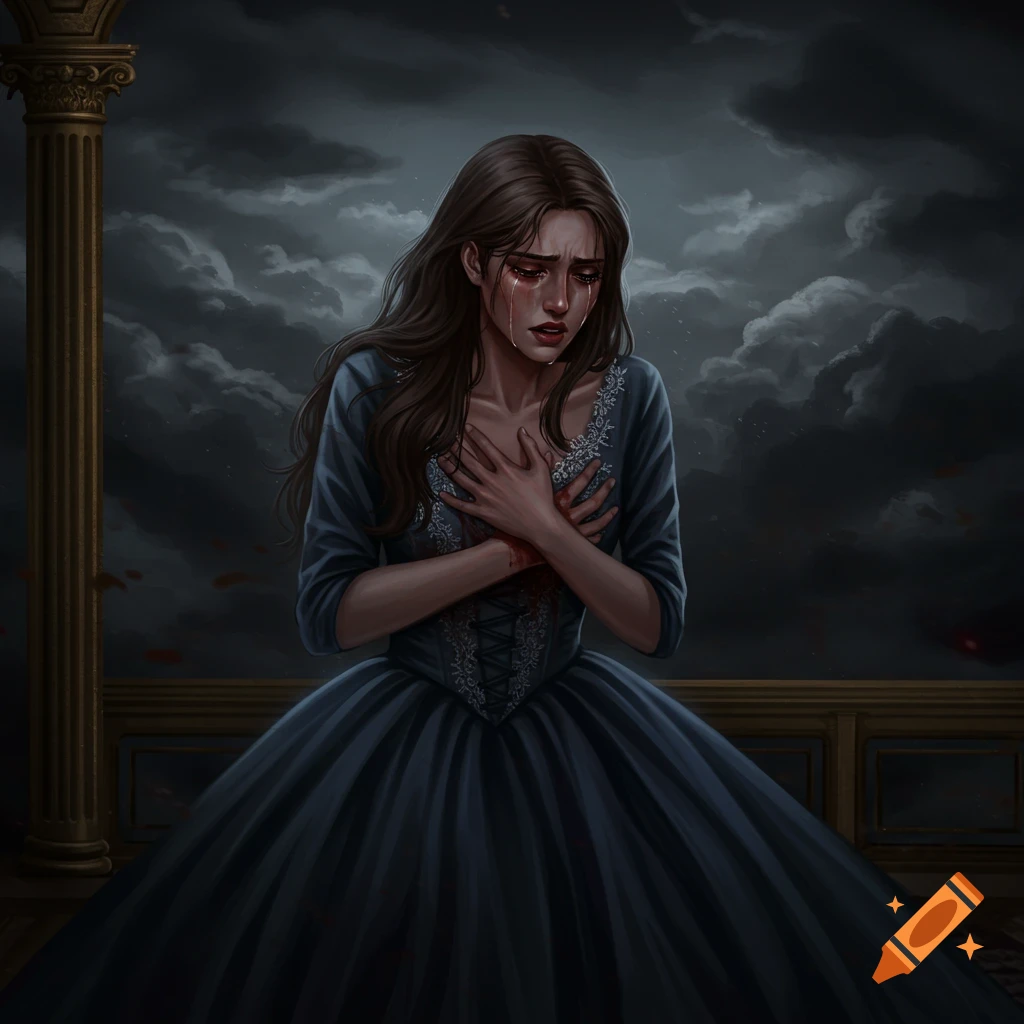 A crying woman with blood on her chest in a dramatic, stormy setting.