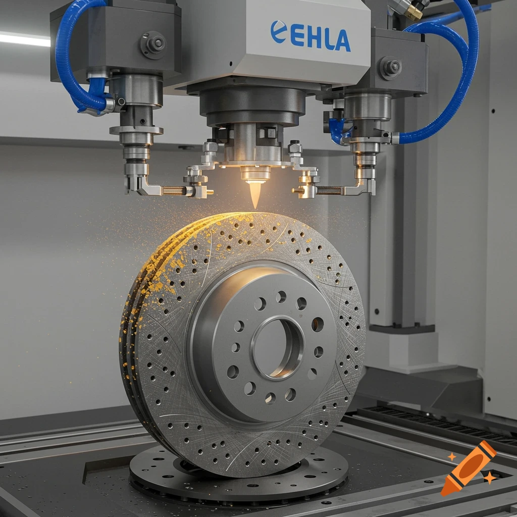 A close-up shot shows an industrial machine working on a brake disc with sparks.