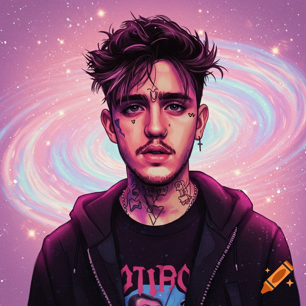 Portrait of a young man with tattoos and piercings against a galaxy background.