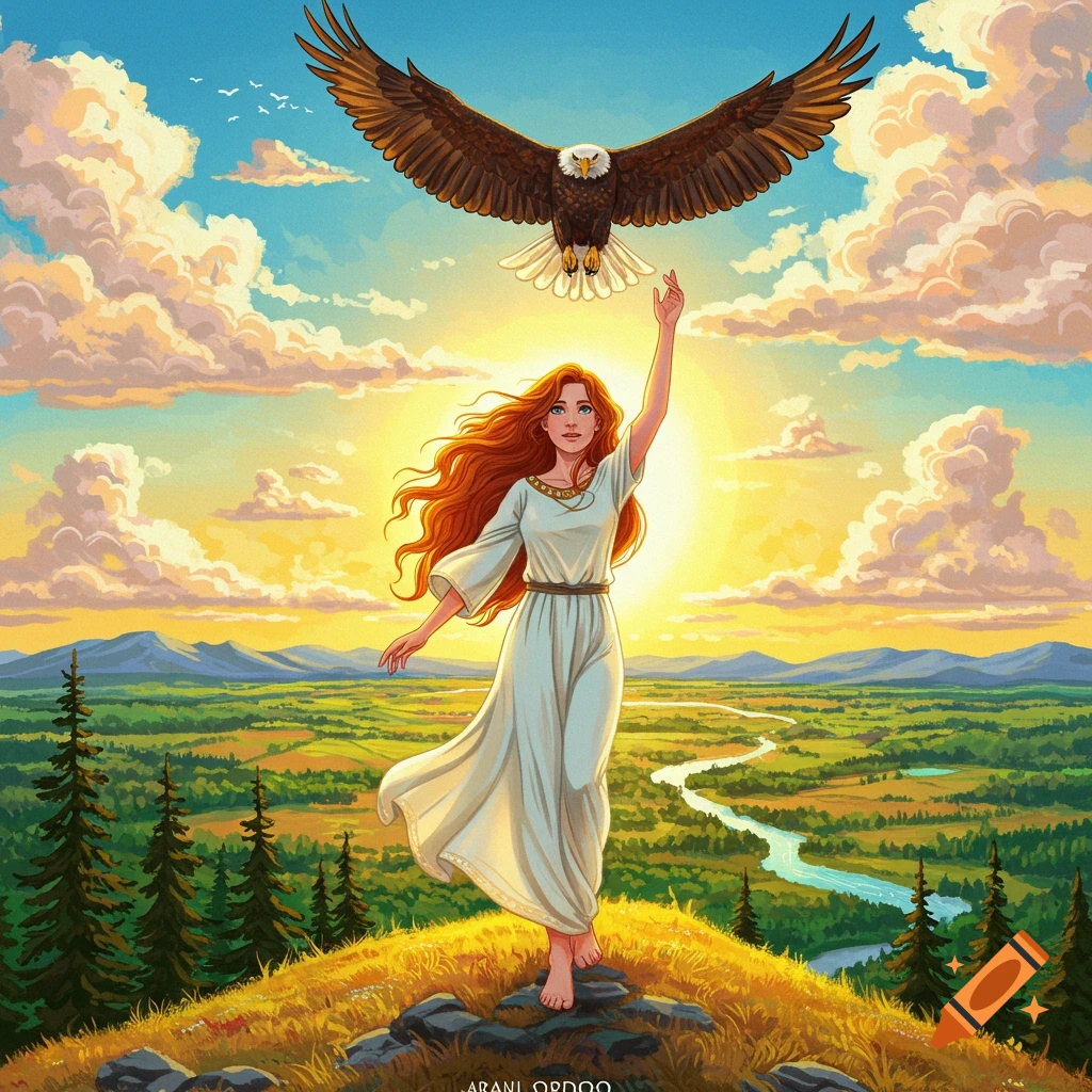 A woman in a white dress reaches up towards an eagle flying above her on a sunny hill overlooking a valley.