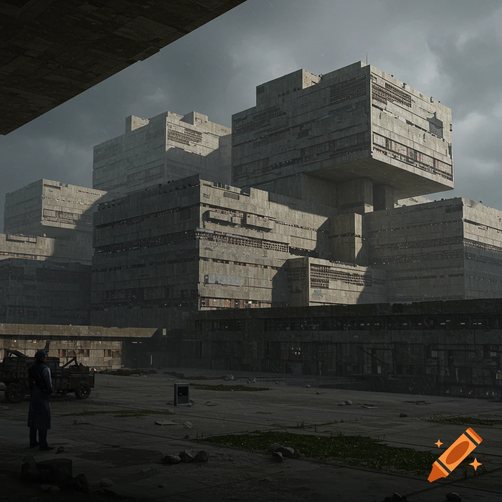 A massive brutalist architectural complex is depicted under a cloudy sky. In the foreground, there is a figure and a truck.