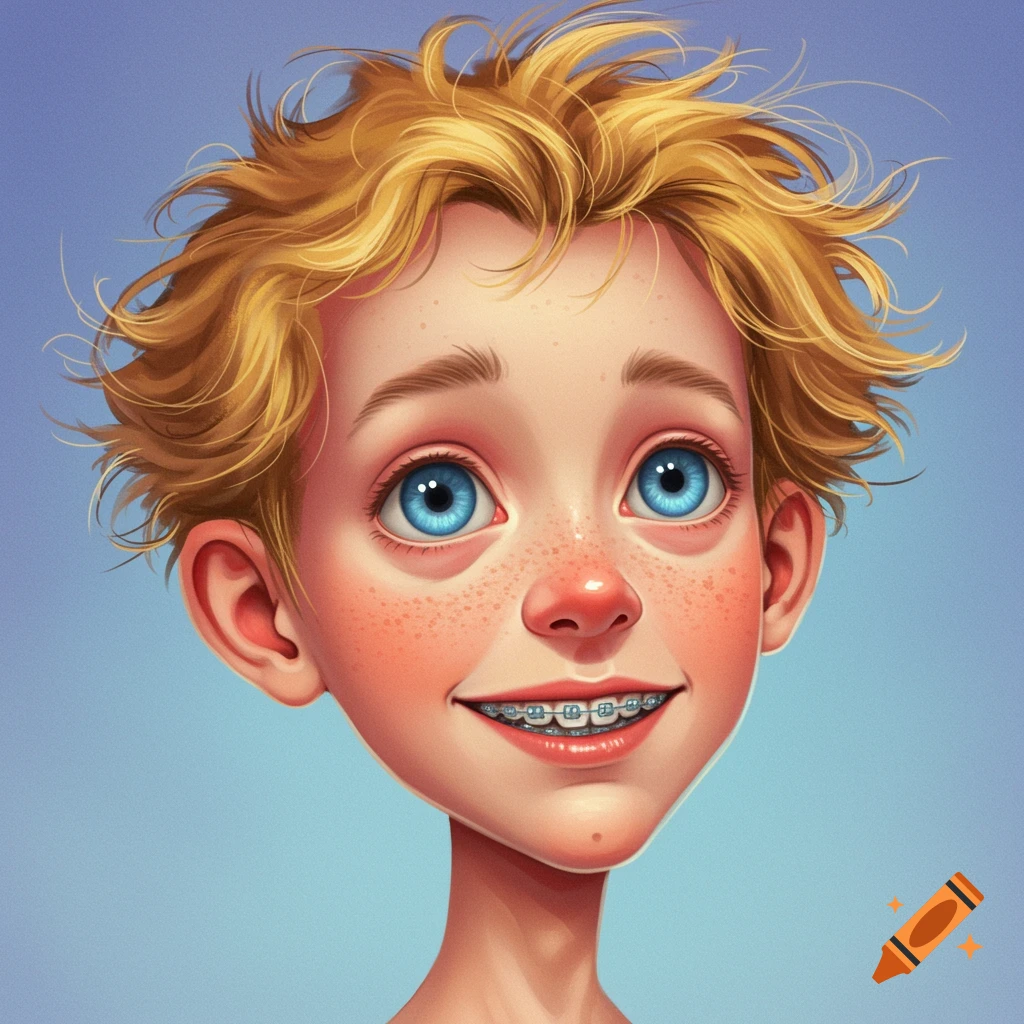 Painting of a smiling boy with bright blue eyes, blonde hair, and braces.