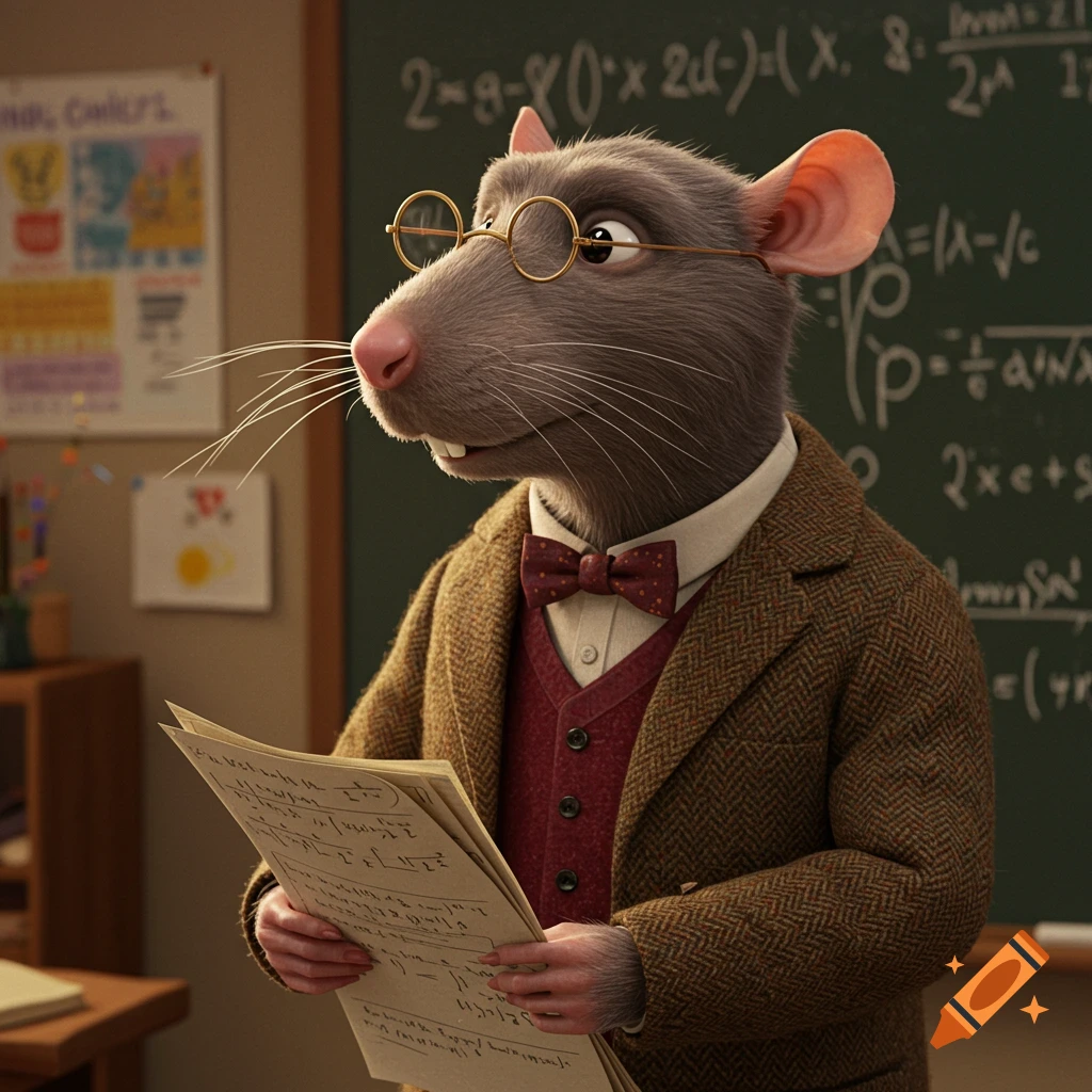 An anthropomorphic rat in a suit and glasses stands in a classroom, holding papers and looking at a blackboard.