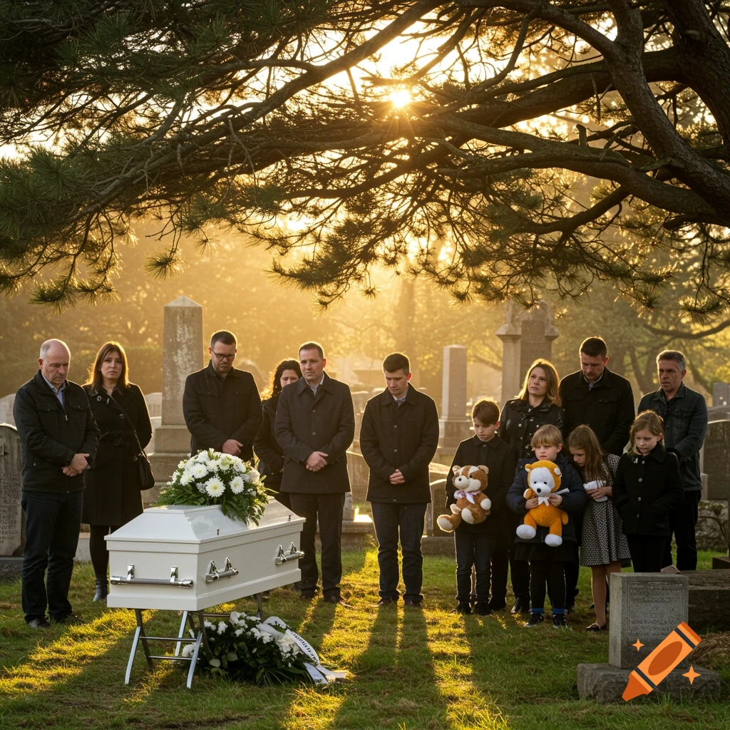 People stand around a white coffin covered in flowers in a sun-drenched cemetery.