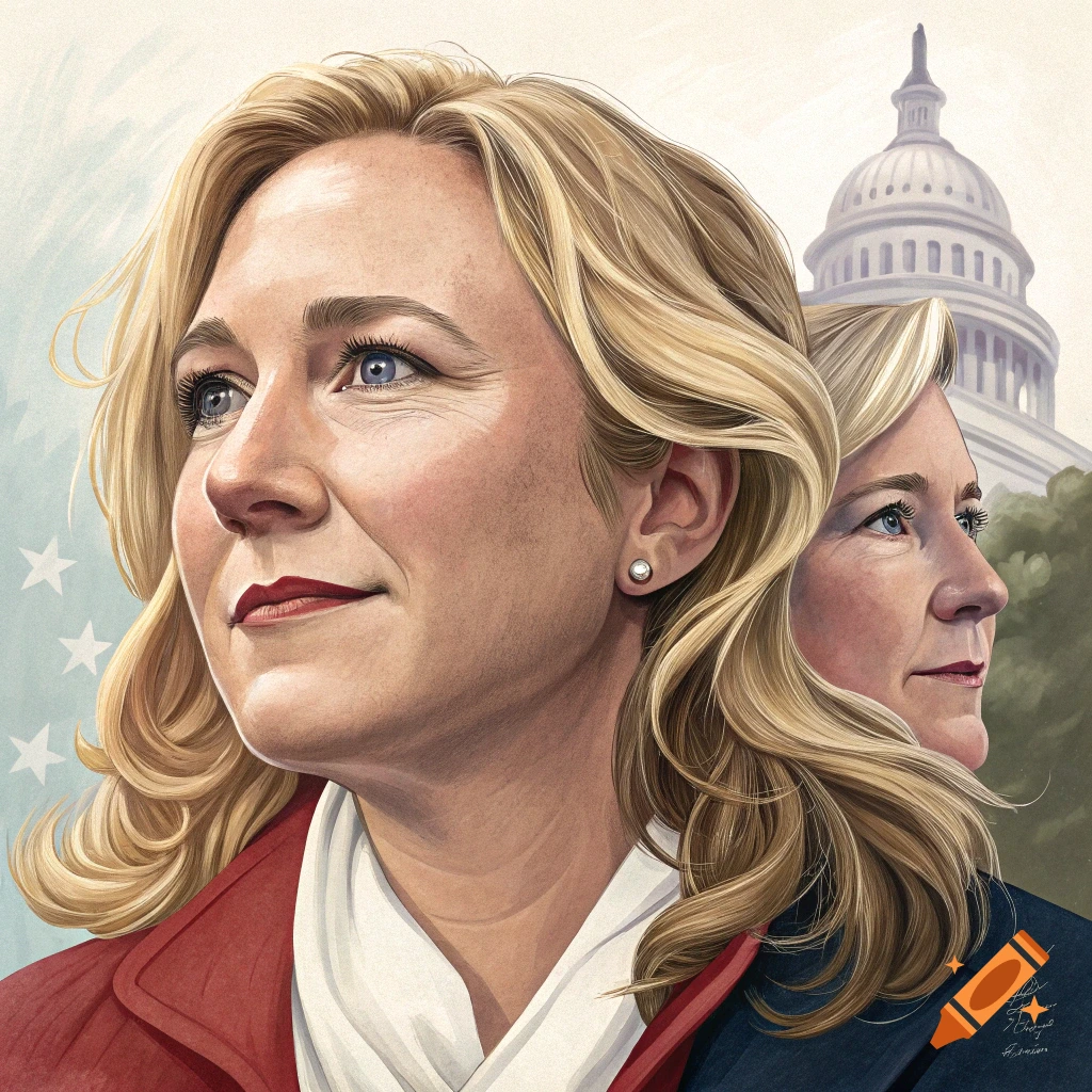 Illustration of a composite portrait of a blonde woman with the Capitol building in the background.