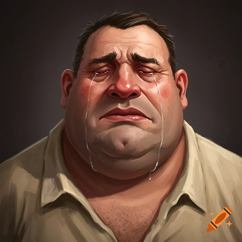 A stout man with exaggerated features crying in sorrow.
