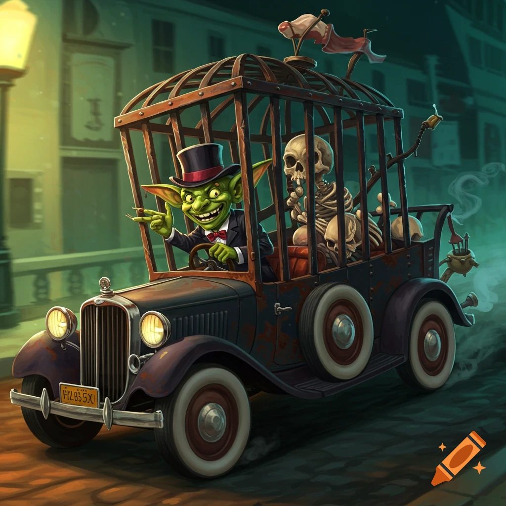 A grinning goblin drives a vintage car with a cage containing skeletons down a night street.