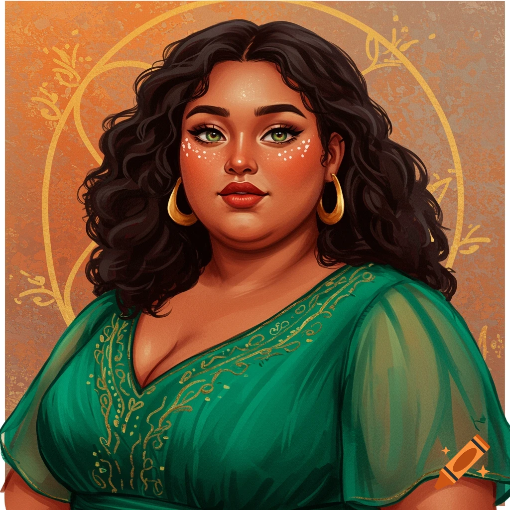A plus-size woman in a green dress with golden embroidery and green eyes.