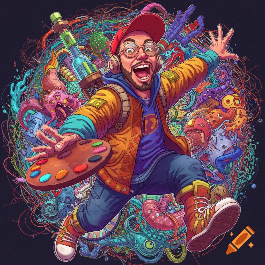 Colorful digital illustration of an excited artist jumping with a palette against a background of chaotic lines and creatures.